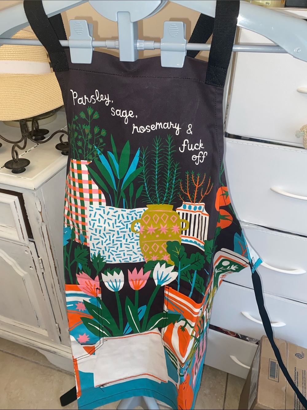 Floral Herbs Graphic Apron in Black with Multicolor Print